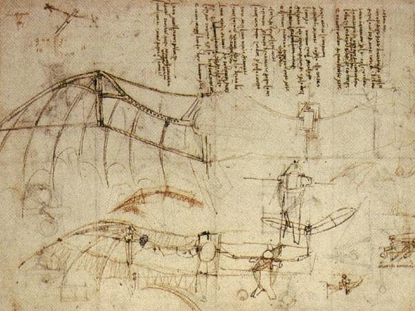 Kurzbiografie Leonardo da Vinci - Notizbuchseite mit Skizzen mechanischer Flügel